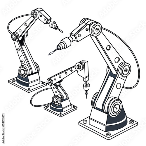 Three industrial robotic arms with articulated joints and pointed tools are depicted in a clean line art illustration on a white background