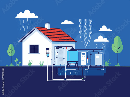 Vector Illustration of a Sustainable Home with Rainwater Harvesting System