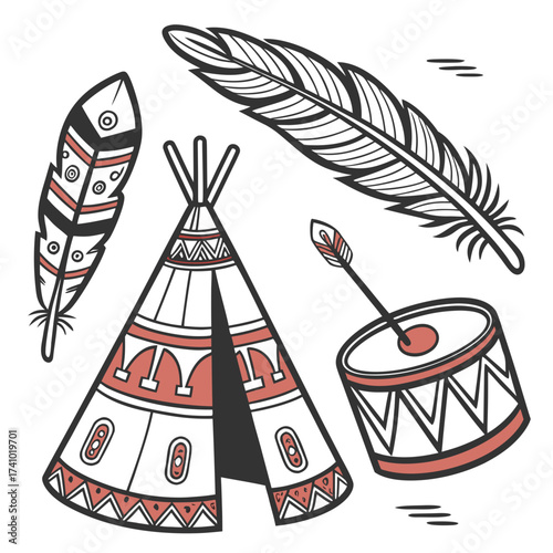 Tribal native american elements featuring a teepee drum feathers and arrow in a stylized illustration
