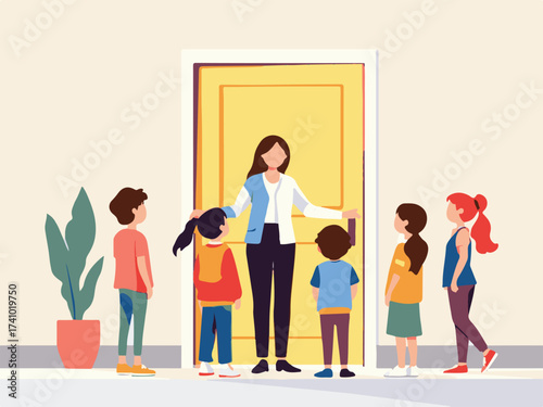 Teacher Greeting Students – School Entry Vector Illustration