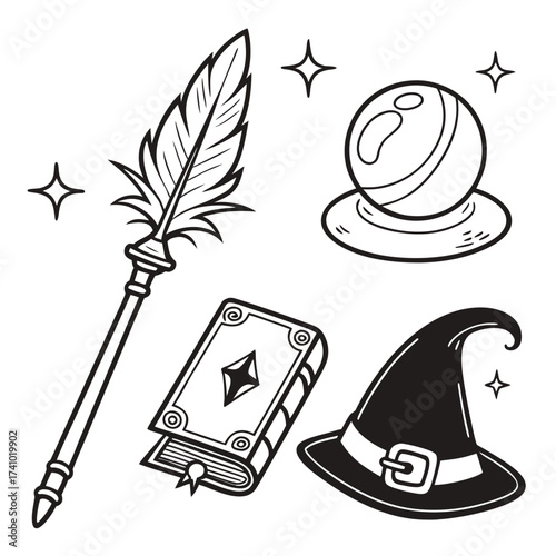 Whimsical collection of magical items including a feathered quill staff crystal ball spell book and witch hat