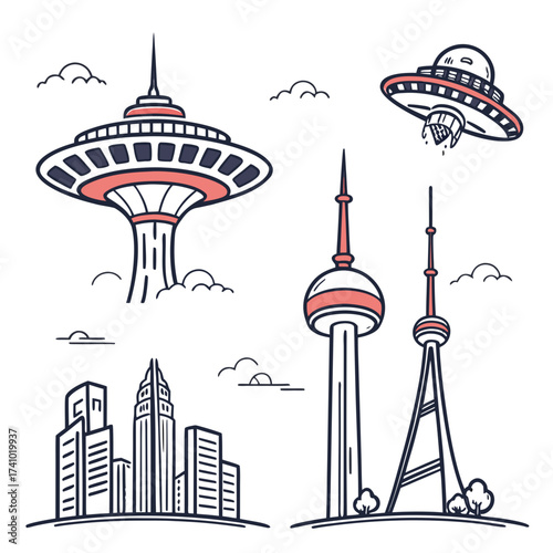 Whimsical hand drawn illustration of iconic city landmarks including skyscrapers observation towers and flying saucers in the sky