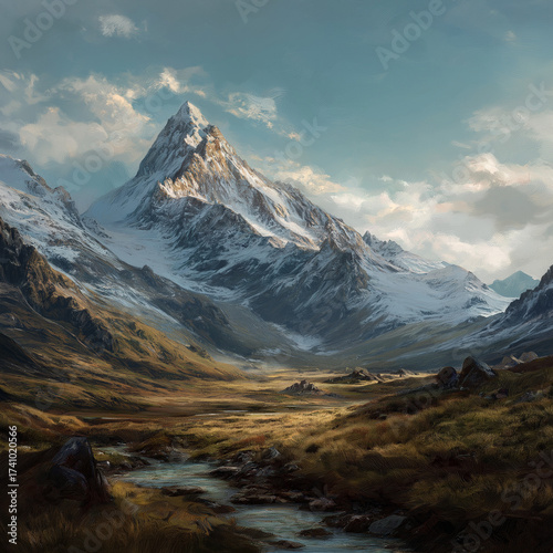 Snow covered mountain peaks with sunlight and scenic atmosphere