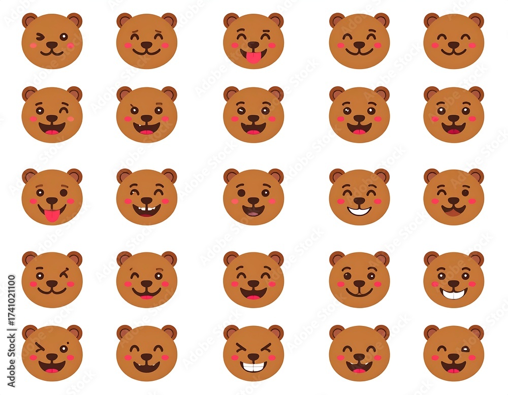Fototapeta premium Collection of diverse cartoon bear face emojis expressing varied emotions