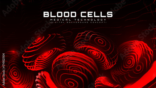 Fluorescent red blood cell particles in capillary. Futuristic medical technology hematology design background.
