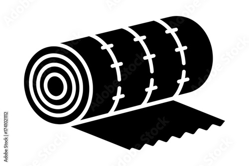 Simple black vector graphic depicting a rolled-up mat or textile, useful for representing compact storage, outdoor gear, fitness accessories, or various materials for home or travel