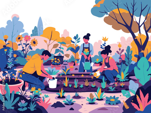 Gardening – Family Activity in Nature Vector Illustration