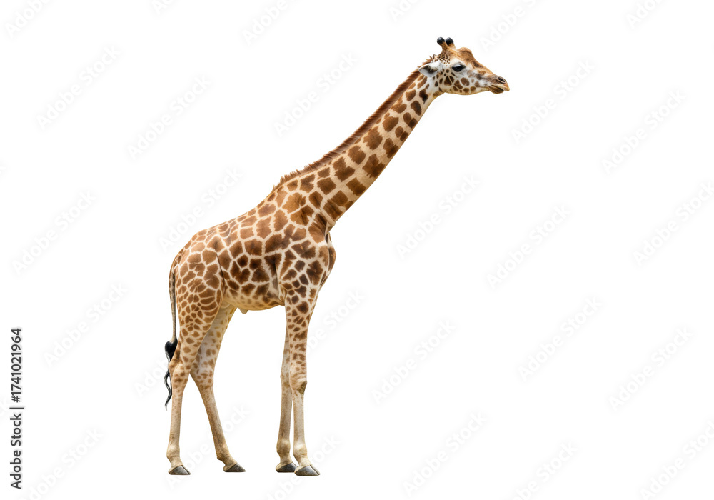Obraz premium Elegant giraffe standing isolated PNG, tall African mammal with brown spots on transparent background for wildlife and nature designs