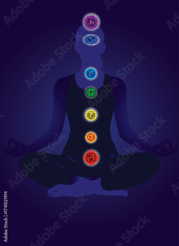 Inner Light: Meditation Silhouette. A meditative silhouette glows with seven chakra symbols along the spine, radiating calm, balance, and spiritual energy against a cosmic blue-purple background.