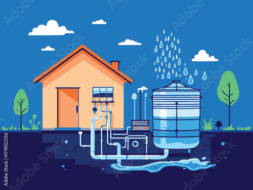 Vector Illustration of a Sustainable Home with Rainwater Harvesting System