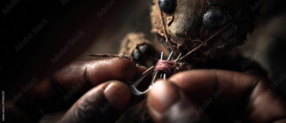 African American adult hands crafting a voodoo doll indoors, sewing with thread and needle Concept of dark arts, witchcraft, and handmade ritual objects