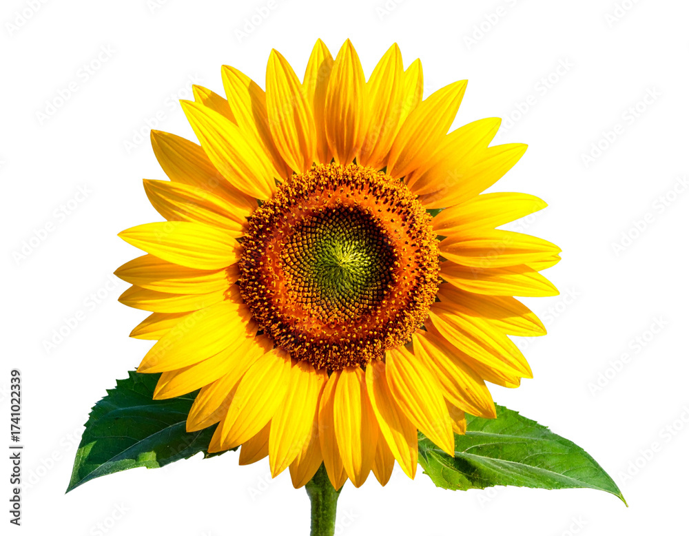 Fototapeta premium Bright Sunflower with Green Leaves, Summer Floral PNG Isolated