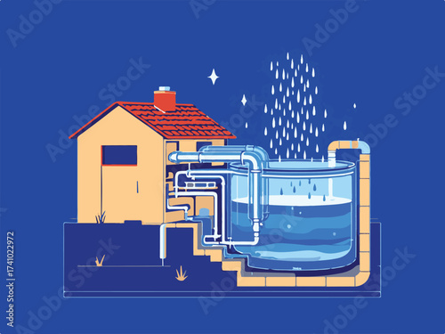 Isometric Vector Illustration of a Sustainable Home with Rainwater Harvesting System