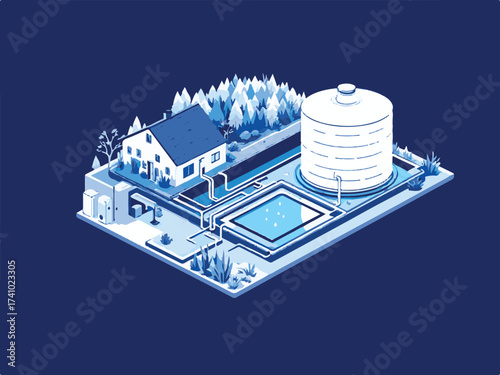 Isometric Vector Illustration of a Sustainable Home with Rainwater Harvesting System