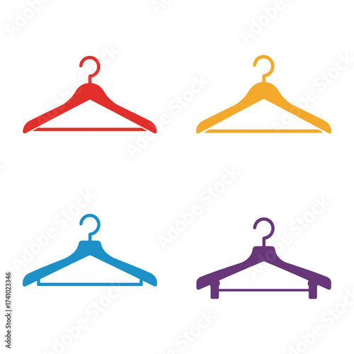 Four colorful clothes hangers displayed in a simple isolated vector graphic