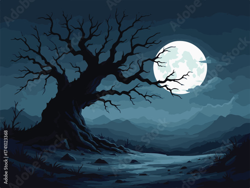 horror night landscape with moon