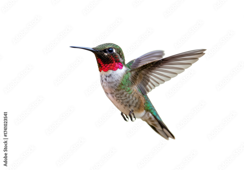 Fototapeta premium Ruby-throated hummingbird PNG isolated on transparent background, colorful bird with red throat and green feathers in flight, wildlife