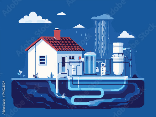 Isometric Vector Illustration of a Sustainable Home with Rainwater Harvesting System