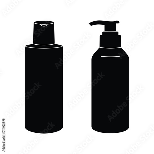 Two black silhouette cosmetic bottles one with a pump dispenser shown