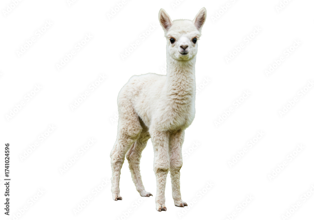 Fototapeta premium Adorable fluffy baby alpaca PNG isolated on transparent backdrop, cute llama cria for animal lovers and design projects