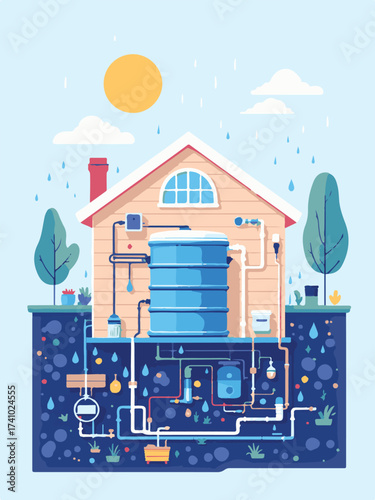 Vector Illustration of a Sustainable Home with Rainwater Harvesting System