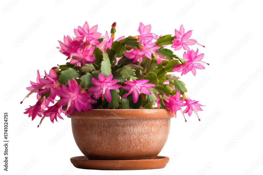 Obraz premium Vibrant Pink Thanksgiving Cactus in Terracotta Pot on Background