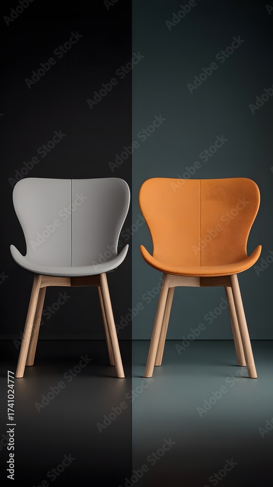 Obraz premium Stylish Modern Furniture Design: Gray and Orange Chairs with Wooden Legs for Contemporary Interior Decor and Minimalist Elegance