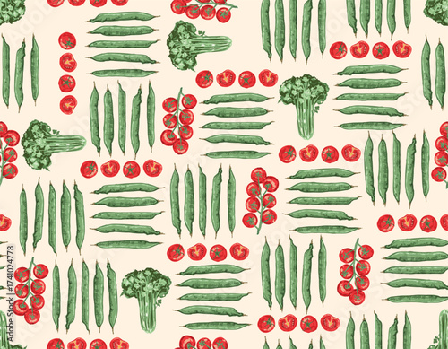 Trendy hand drawn vegetables sketch. Vintage seamless pattern vector with fresh pick vegetables from farm