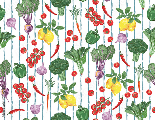 Trendy hand drawn vegetables sketch. Vintage seamless pattern vector with fresh pick vegetables from farm