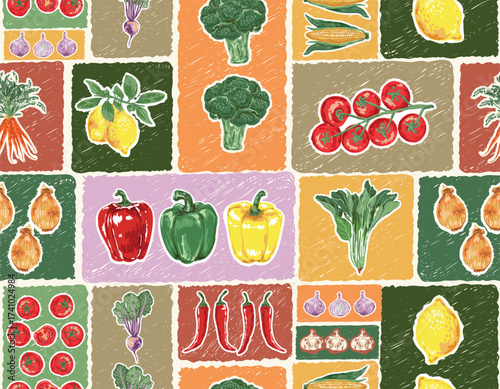 Trendy hand drawn vegetables sketch. Vintage seamless pattern vector with fresh pick vegetables from farm