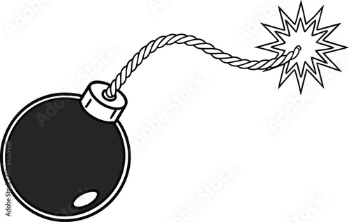 Black cartoon bomb with lit fuse and explosion graphic white