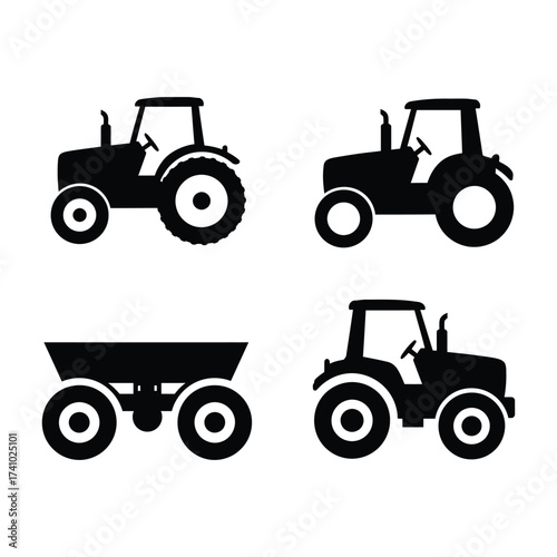 Simple black silhouettes of farm tractors and agricultural machinery