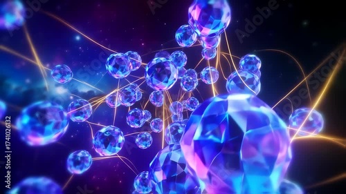Abstract digital illustration of glowing, multifaceted, blue and purple spheres connected by golden lines
