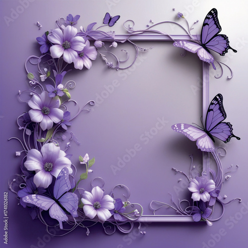 purple floral frame with butterflies