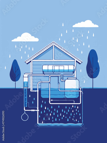 Vector Illustration of a Sustainable Home with Rainwater Harvesting System