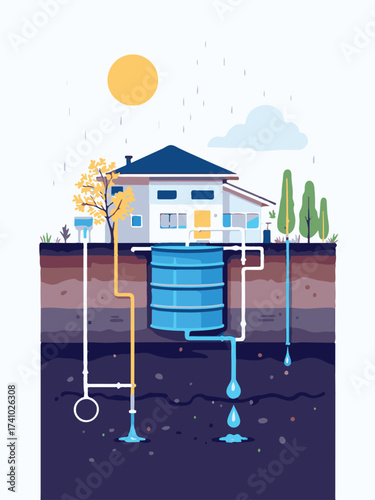 Vector Illustration of a Sustainable Home with Rainwater Harvesting System