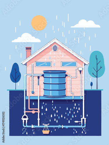Vector Illustration of a Sustainable Home with Rainwater Harvesting System