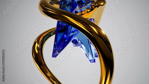 Abstract sculpture, interwoven gold and blue forms