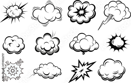 Twelve black and white comic book style explosion and cloud shapes sound effect speech bubble