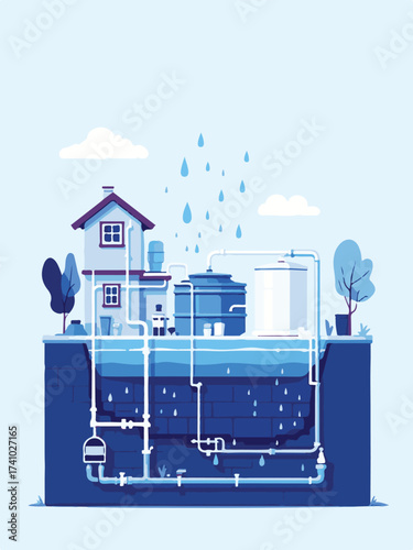 Vector Illustration of a Sustainable Home with Rainwater Harvesting System