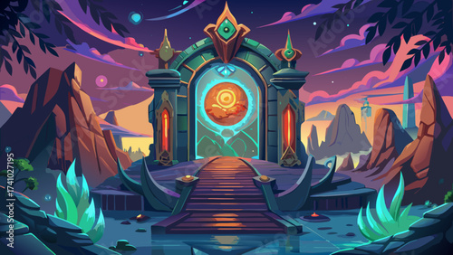 Close-up of Patala underworld surreal gate, glowing mystical aura, fantasy Hindu legend, dreamlike atmosphere, epic imaginative artwork, legendary close-up, enchanted world design.