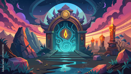 Close-up of Patala underworld surreal gate, glowing mystical aura, fantasy Hindu legend, dreamlike atmosphere, epic imaginative artwork, legendary close-up, enchanted world design.