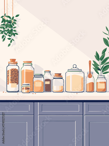 Modern Kitchen Counter with Storage Jars and Ingredients