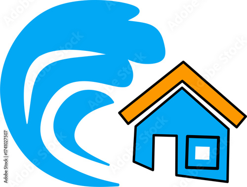 Vector illustration of a tsunami wave icon hitting a house  isolated on white