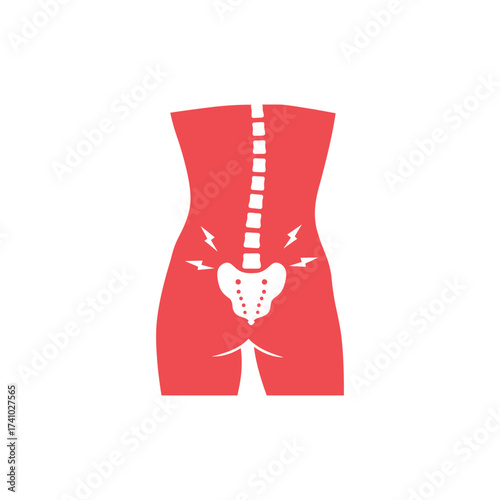 Human torso illustration showing spine pelvis and areas of pain