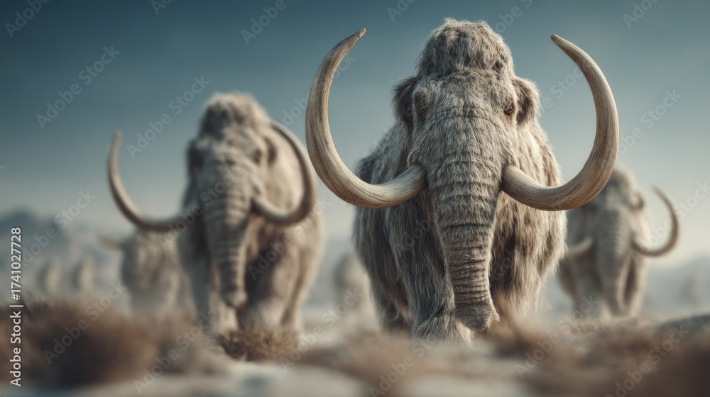 Obraz premium Wandering woolly mammoths in a dusty, hazy landscape of the paleolithic era