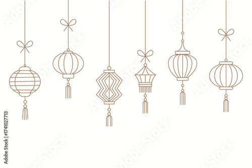 Asian decorations and chinese lanterns with line style for celebrations. Asian decorations and chinese lanterns in line art for invitations or banners. Minimal outline set by hand.