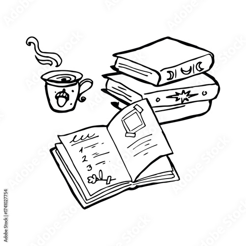 Whimsical black and white doodle illustration of stacked books with stars, open diary, hot drink with steam and acorn mug, cozy autumn vibe for journaling, stationery and lifestyle design.