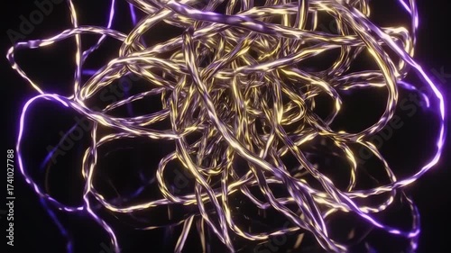 Abstract tangle of shimmering, metallic threads in gold and purple hues