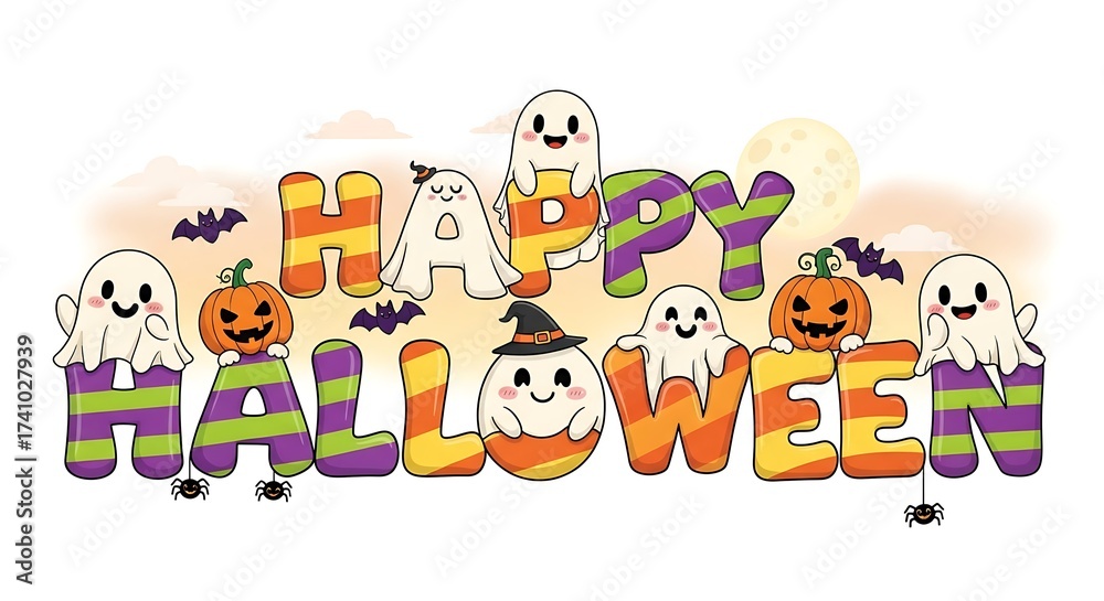 Fototapeta premium Cute Halloween Decorations and Ghosts Wishing Everyone a Happy Halloween Holiday